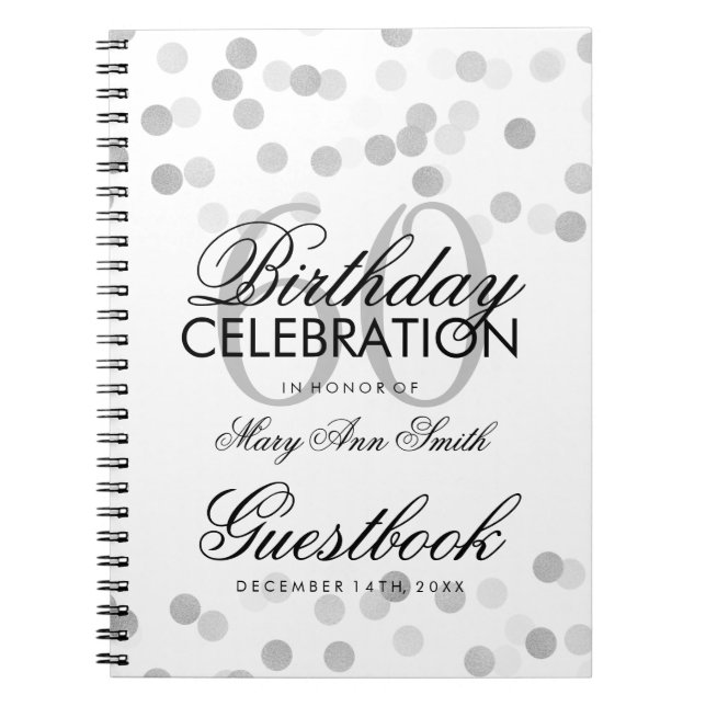 Guestbook 60th Birthday Silver Foil Glitter Lights Notebook (Front)