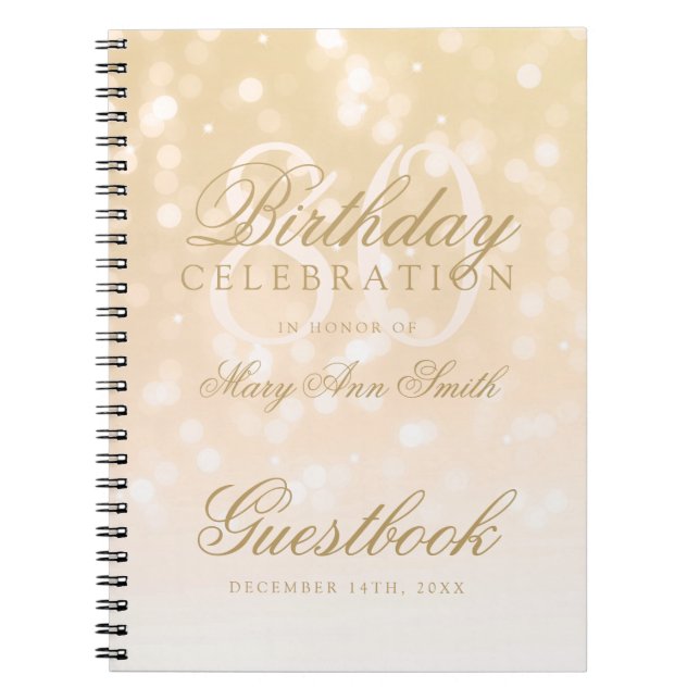 Guestbook 80th Birthday Gold Bokeh Sparkle Lights Notebook (Front)