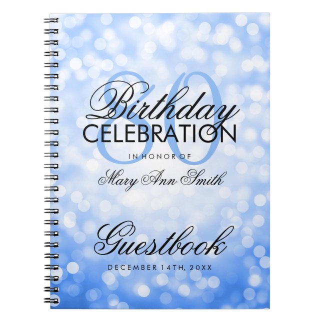 Guestbook 80th Birthday Party Blue Glitter Light Notebook (Front)
