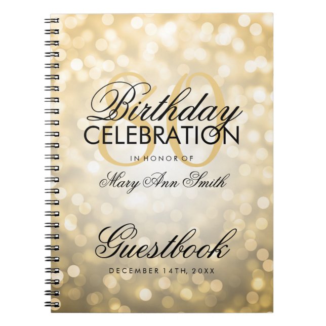 Guestbook 80th Birthday Party Gold Glitter Light Notebook (Front)
