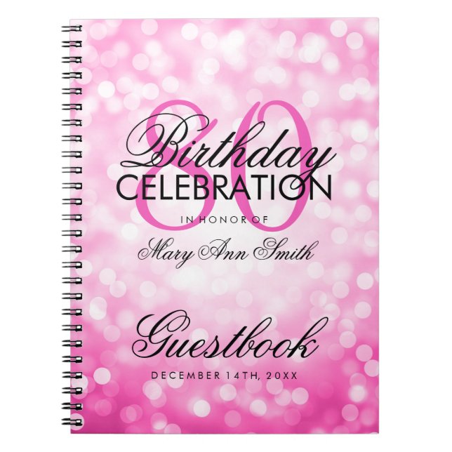 Guestbook 80th Birthday Party Pink Glitter Light Notebook (Front)