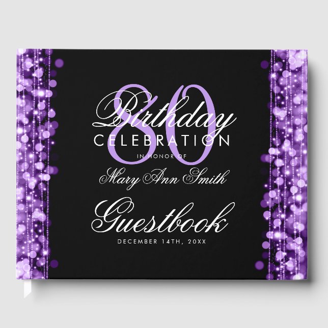Guestbook 80th Birthday Party Sparkles Purple (Front)