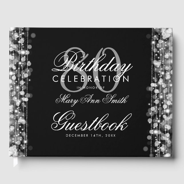 Guestbook 80th Birthday Party Sparkles Silver (Front)