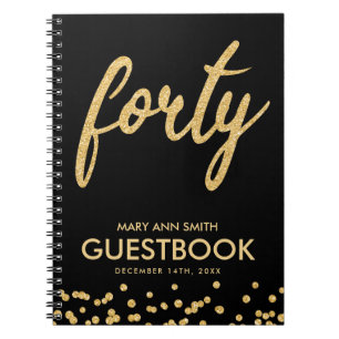 Guestbook Gold Black "Forty" 40 Birthday Glitter Notebook