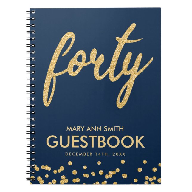 Guestbook Gold Navy "Forty" 40 Birthday Glitter Notebook (Front)