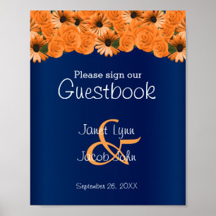 Guestbook Sign Beautiful Orange Rose / Navy Blue