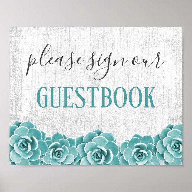 Guestbook Sign Rustic Succulent Floral Barn Wood (Front)