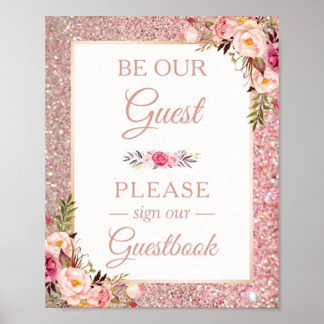 Guestbook Wedding Sign Rose Gold Glitter Floral (Front)