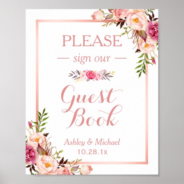 Guestbook Wedding Sign | Trendy Rose Gold Floral (Front)