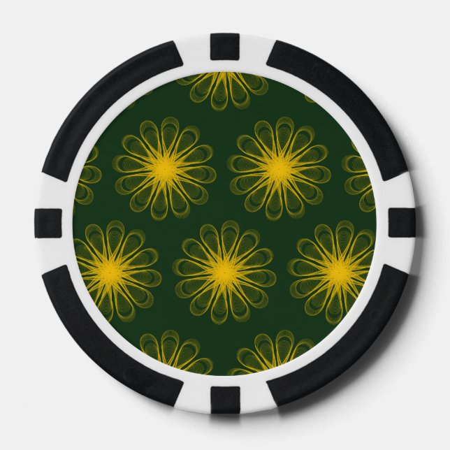 Guilloche Flowers dark green yellow Poker Chips (Front)