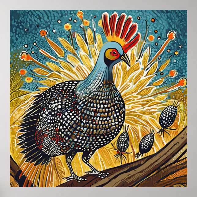 Guinea fowl catching ticks - AI generated artwork. Poster (Front)
