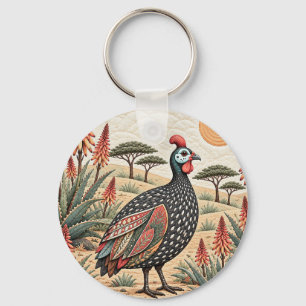 Guinea fowl with aloes on the African savannah Keychain