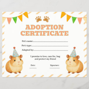 Guinea pig adopt a pet certificate editable flyer