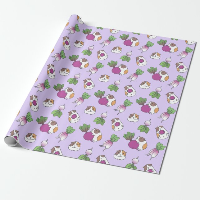 Guinea Pig and Radish in Lavender Pattern Wrapping Paper (Unrolled)