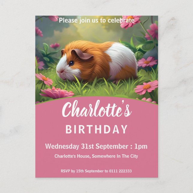 Guinea Pig Birthday Party Invitation Postcard (Front)
