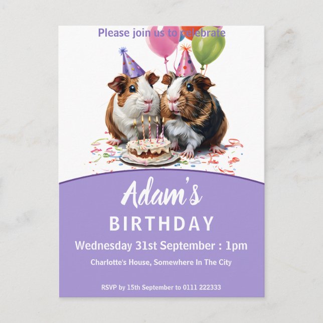 Guinea Pig Birthday Party Invitation Postcard (Front)