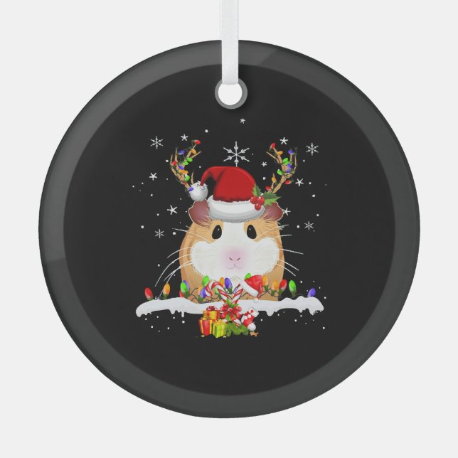 Guinea Pig Christmas Reindeer Christmas Lights Glass Ornament (Front)