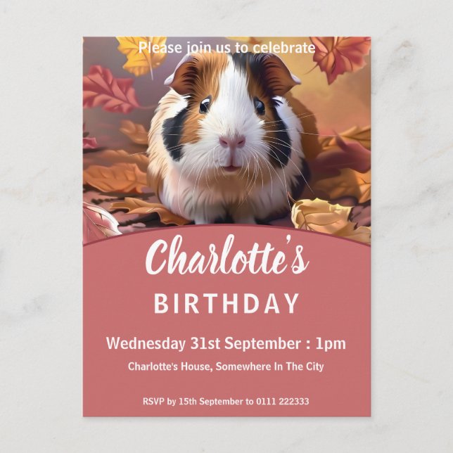 Guinea Pig & Falling Leaves Birthday Invitation Postcard (Front)
