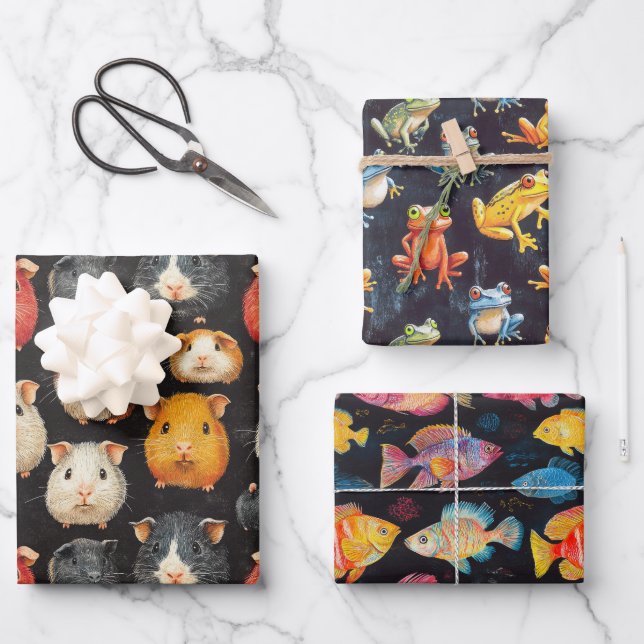 Guinea Pig, Frog & Fish Chalk Drawing Cute Gift Wrapping Paper Sheet (Front)