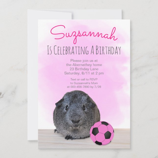 Guinea Pig Girly Pink Soccer Ball Custom Birthday Invitation (Front)