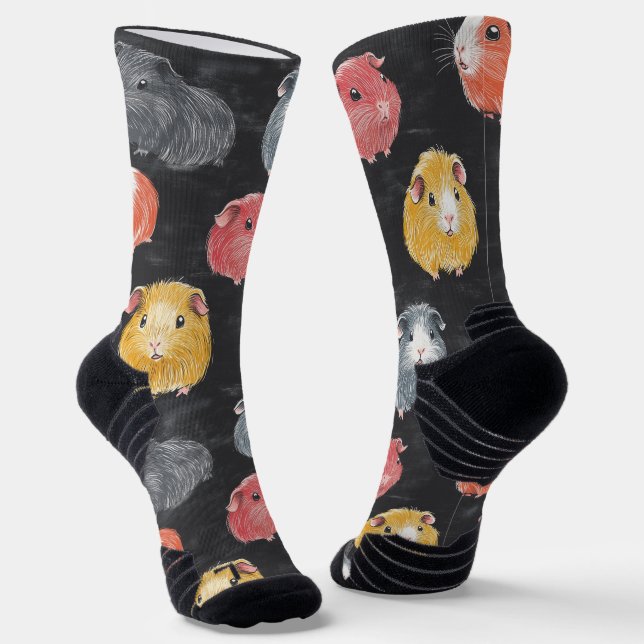 Guinea Pig Hamster Chalk Drawing Pattern Black Socks (Angled)