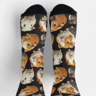 Guinea Pig Hamster Chalk Drawing Pattern Black Socks