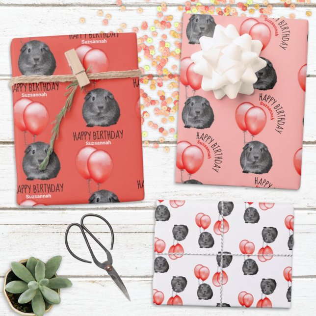  Guinea Pig Orange Balloons Custom Name Birthday Wrapping Paper Sheet (Personalize or remove template  text on a three sheet gift wrap for a birthday or other occasion.)