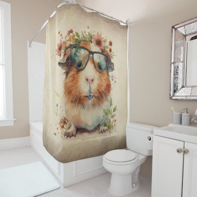 Guinea Pig Pet In Glasses Watercolor Floral Art (In Situ)