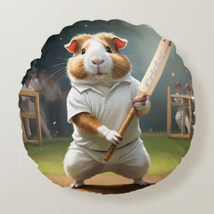 Guinea Pig Playing Cricket, Round Pillow