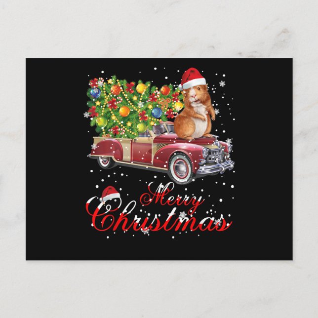 Guinea Pig Rides Red Truck Christmas Postcard (Front)