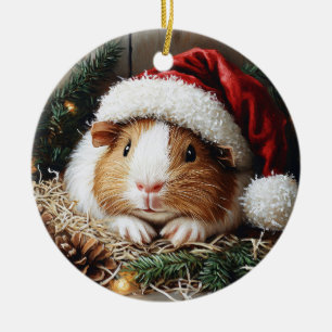 Guinea Pig Wearing a Santa Hat Ceramic Ornament
