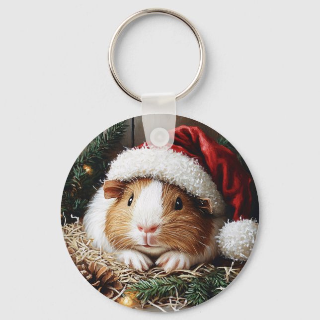 Guinea Pig Wearing a Santa Hat Keychain (Front)