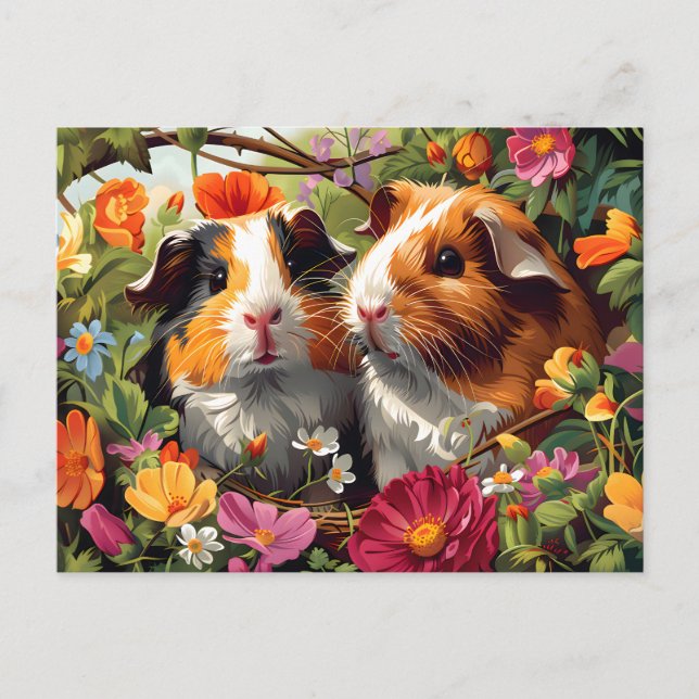 Guinea Pigs Amongst Garden Blooms Postcard (Front)