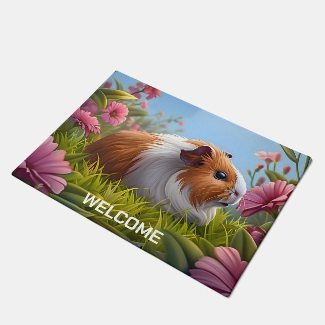 Guinea Pig's Pink Flower Paradise Doormat (Angled)