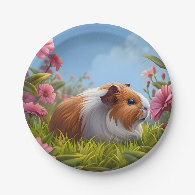 Guinea Pig's Pink Flower Paradise Paper Plate (Front)