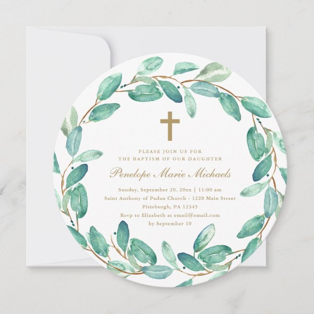 Guirlande d'eucalyptus avec invitation de baptême  (Devant)