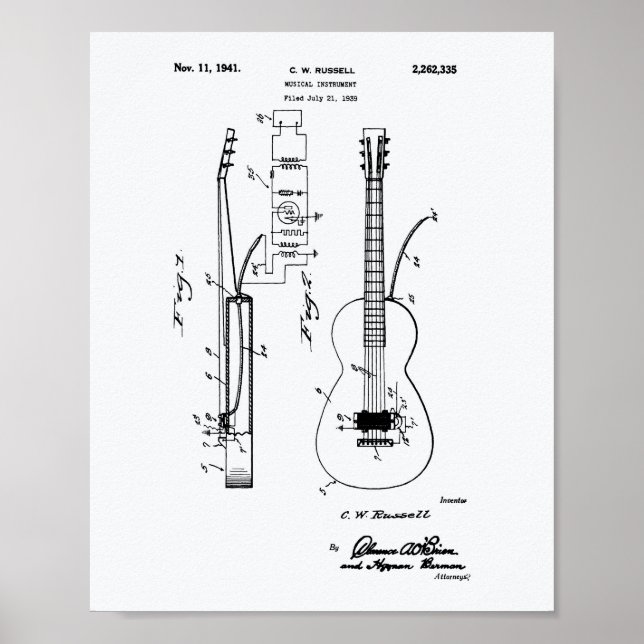 Guitar 1941 Patent Art White Paper Poster (Front)