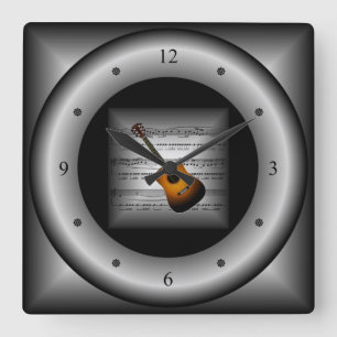 Guitar ~ 3D Sheet Music ~ Pillow Silver/Black Back Square Wall Clock