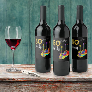 Guitar 50 Rocks 50th birthday party Wine Label