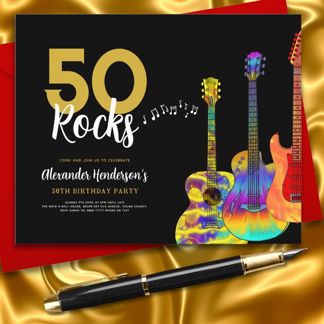 Guitar 50th birthday party 50 rocks (Rock and roll cool black and gold 50th birthday party invitations 50 Rocks colorful guitar art)