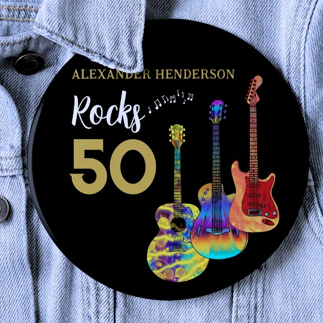 Guitar 50th Birthday Party 50 Rocks Custom  6 Inch Round Button (Custom Rocks 50 cool black and gold 50th birthday button with funky psychedelic guitar illustrations)