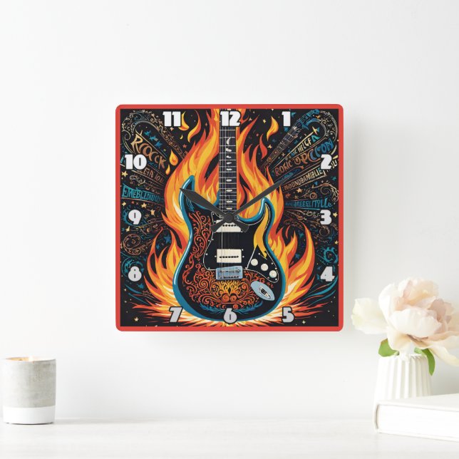 Guitar ablaze in a burst of fiery colours square wall clock (Home)