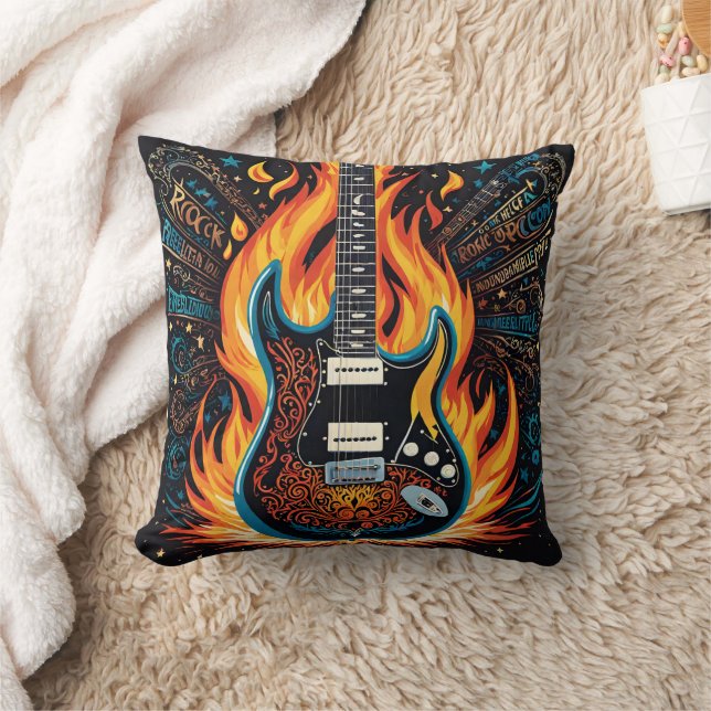 Guitar ablaze in a burst of fiery colours throw pillow (Blanket)