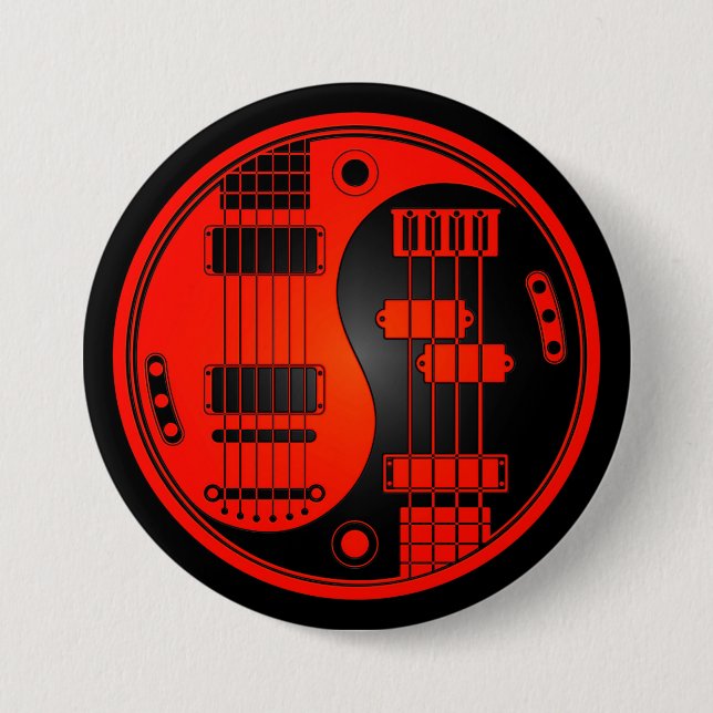Guitar and Bass Yin Yang Red and Black 3 Inch Round Button (Front)