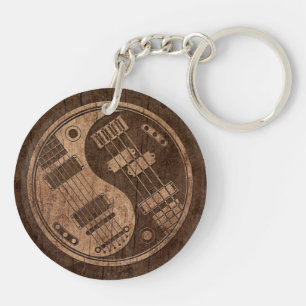 Guitar and Bass Yin Yang with Wood Grain Effect Keychain