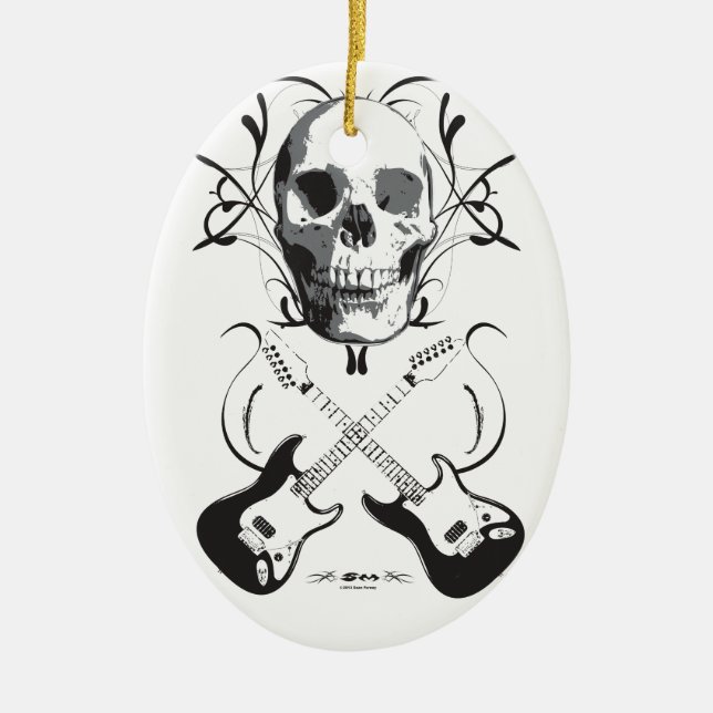 Guitar and Skull Design Ceramic Ornament (Front)