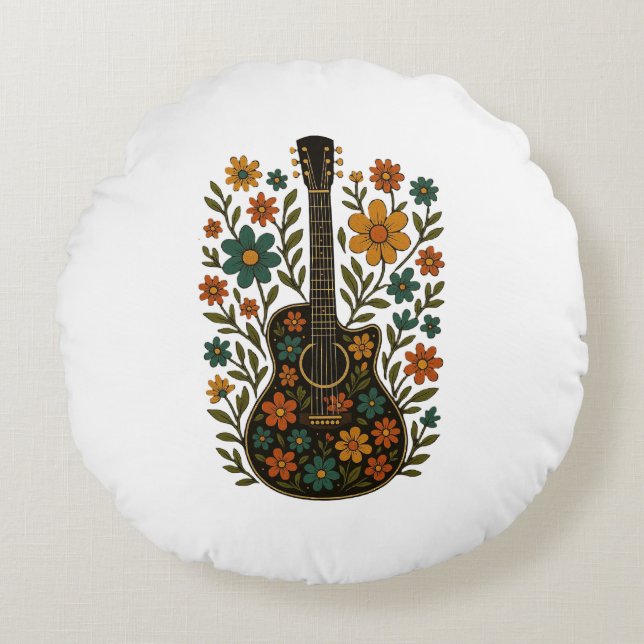 Guitar & Bloom Designs Round Pillow (Front)