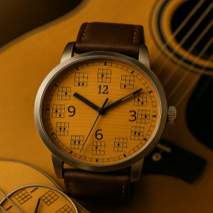 Guitar Chords Clock Face on Wood Watch