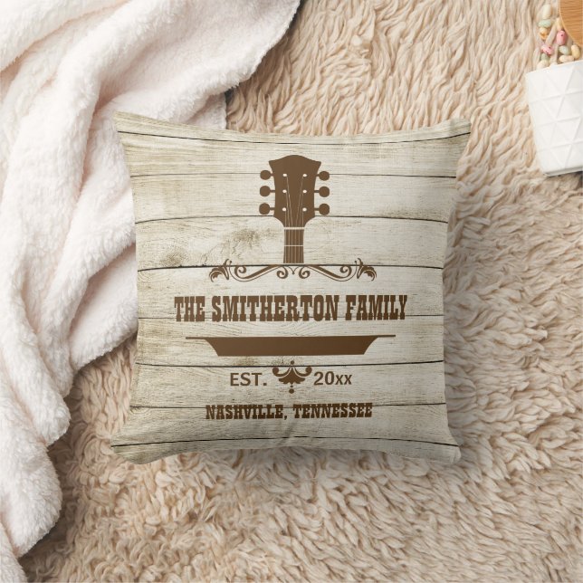 Guitar Country Music Rustic Wood Family Name  Throw Pillow (Blanket)