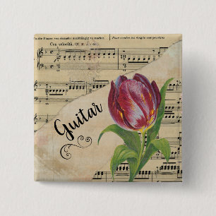 Guitar Elegant Tulip Vintage Sheet Music 2 Inch Square Button
